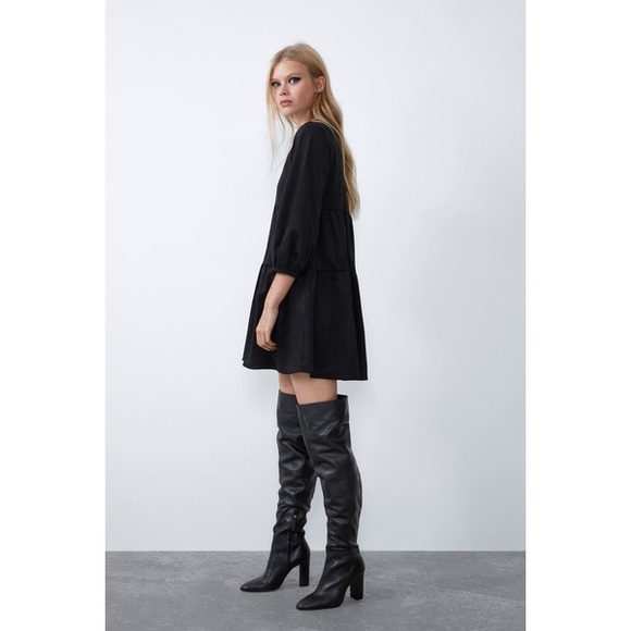 Zara Faux Suede Long Sleeve Ruffle Puff Sleeve Black Dress XS - Picture 2 of 9